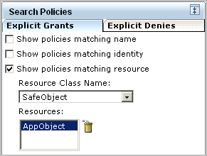 Searching based on resource returns all policies where the selected resource appears in the Resources column.