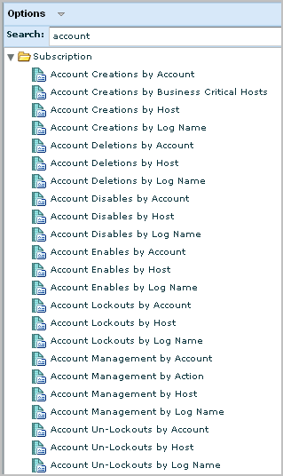 Report List - showing search for Account reports