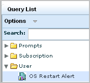 The User folder under Query list displays the alert you created based on the self-monitoring event query, System All Events Detail.