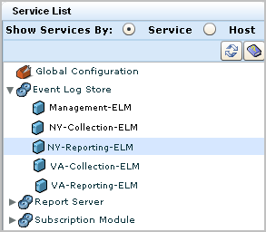 The event log store lists NY-Collection-ELM, NY-Reporting-ELM, VA-Collection-ELM, and VA-Reporting--ELM, where NY-Reporting-ELM is selected.