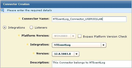 Select NTEventLog as the Integration. Make the connector name unique by appending the target hosname for host-based log collection.