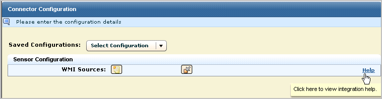 The connector configuration panel includs a help button for the associated connector guide.