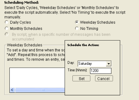 This illustration is a screen shot example of the Scheduling Method dialog with schedule method Weekday Schedules selected and the Schedule the Action pop-up displayed.