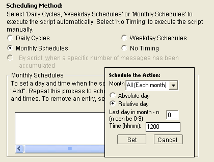 This illustration is a screen shot example of the Scheduling Method dialog with schedule method Monthly Schedules selected and the Schedule the Action pop-up displayed.