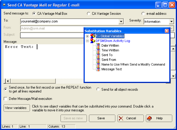 This illustration is a screen shot example of the email dialog and Substitution Variables window displayed by the Send CA Vantage Mail or Regular E-mail page of the Message Automation wizard.