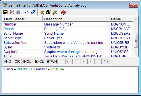 This illustration is a screen shot example of Filter dialog for AUDSLOG with filter statement: Number = VKG0903 OR Number = VKG0904.
