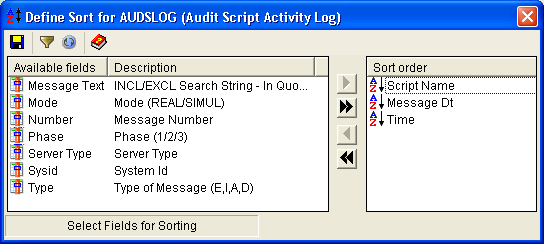 This illustration is a screen shot example of the Sort dialog for the AUDSLOG object.