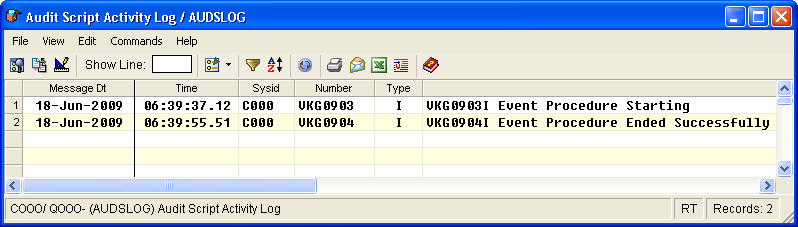 This illustration is a screen shot example of the Audit Script Activity Log object with the filter and sort applied.