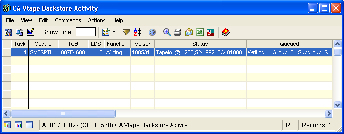 Screen shot example of the CA Vtape Backstore Activity object