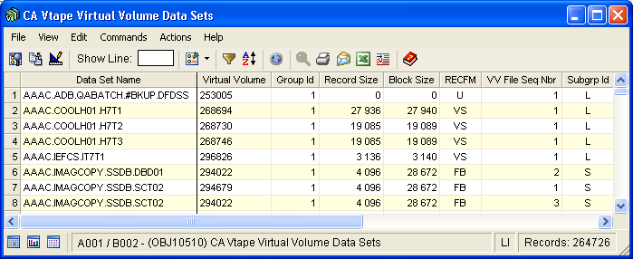 Screen shot example of the Virtual Volume Data Sets object.