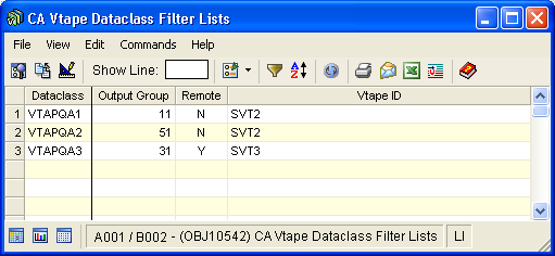 Screen shot example of the Dataclass Filter Lists object.