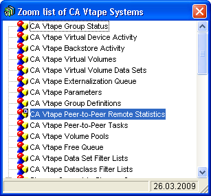 Screen shot example of the Zoom list of CA Vtape Systems dialog with the CA Vtape P2P Remote Statistics object selected.
