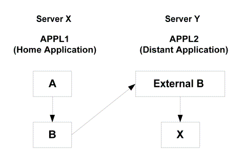 The diagram shows the relationship between the home Application on server X and distant Application on server Y.