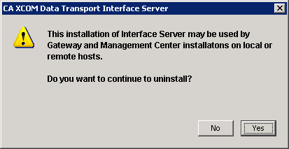 The dialog warns that the Interface Server may be used by other components and prompts you to confirm that you still want to uninstall it.