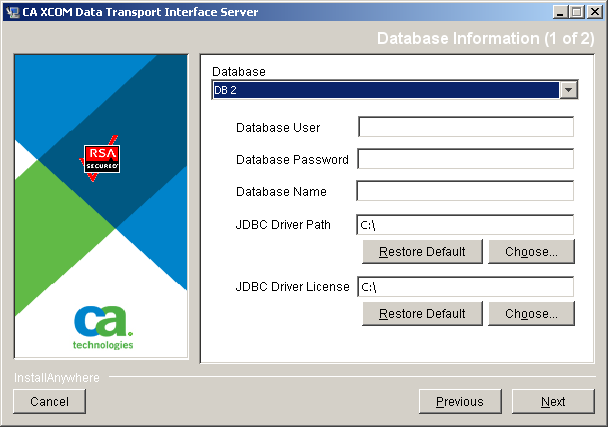 The dialog prompts you for DB2 user and database information.
