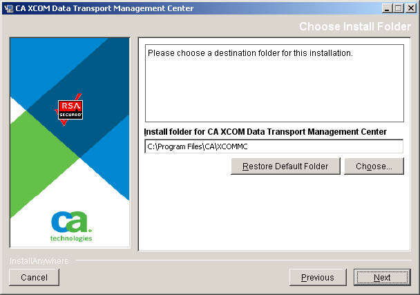 The dialog prompts you to specify a folder for the CA XCOM Management Center installation.