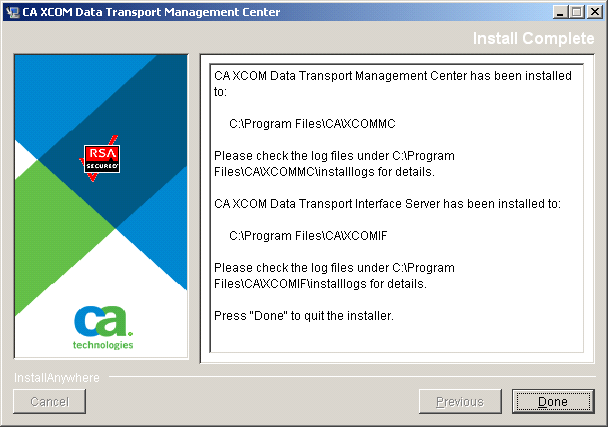 The dialog identifies which components are installed and the location of the log files.