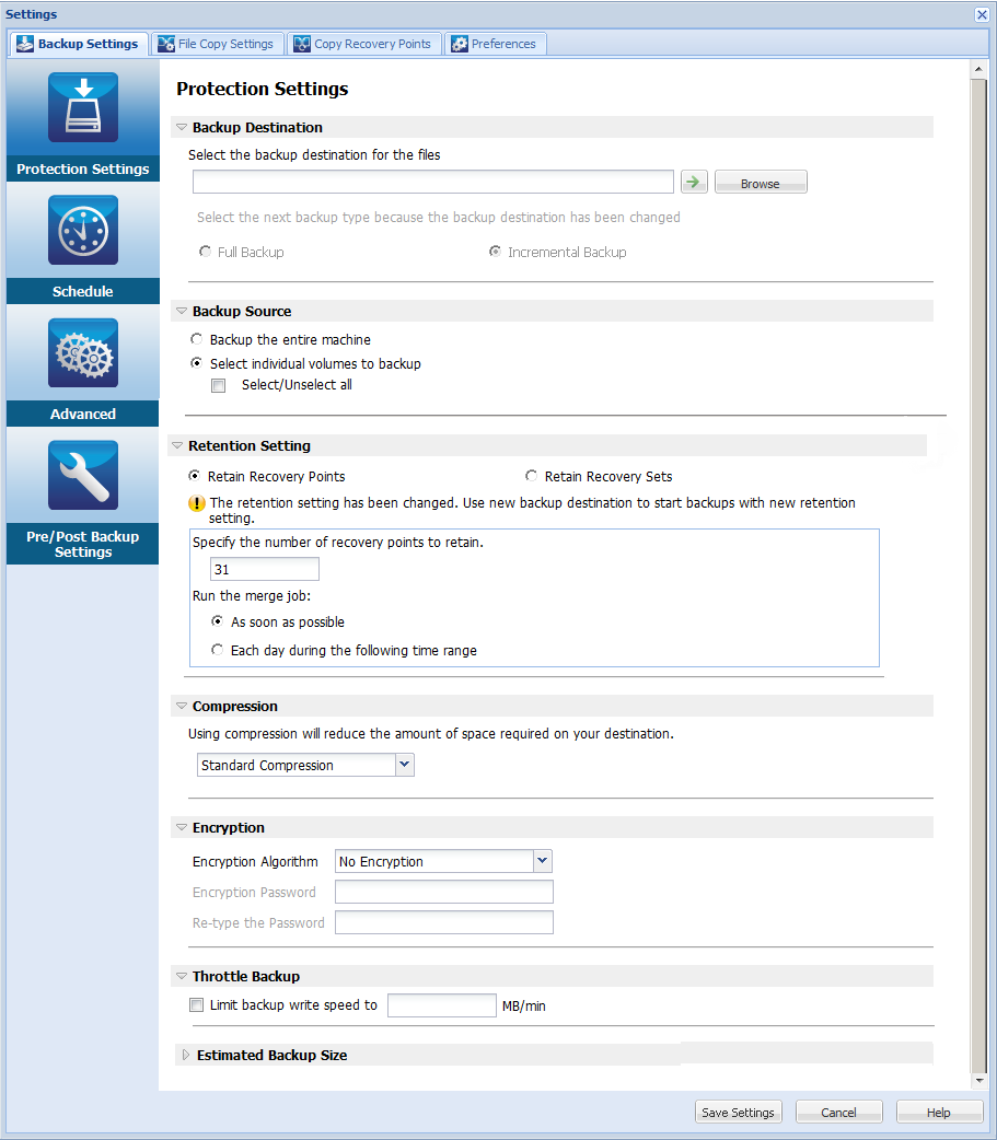 Backup Now - Protection Settings