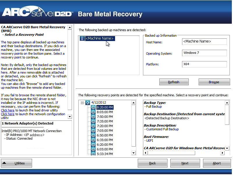 Bare Metal Recovery - Specify a Recovery Point - information populated.