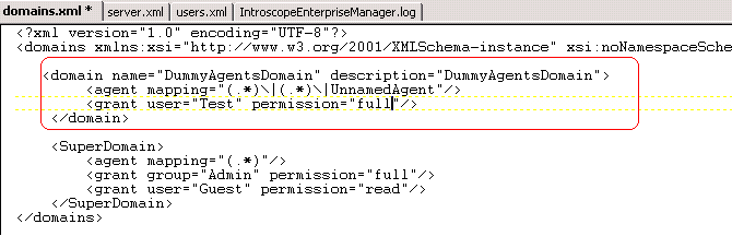 このスクリーンショットは、サンプルの domains.xml と定義済みのドメインを示しています。