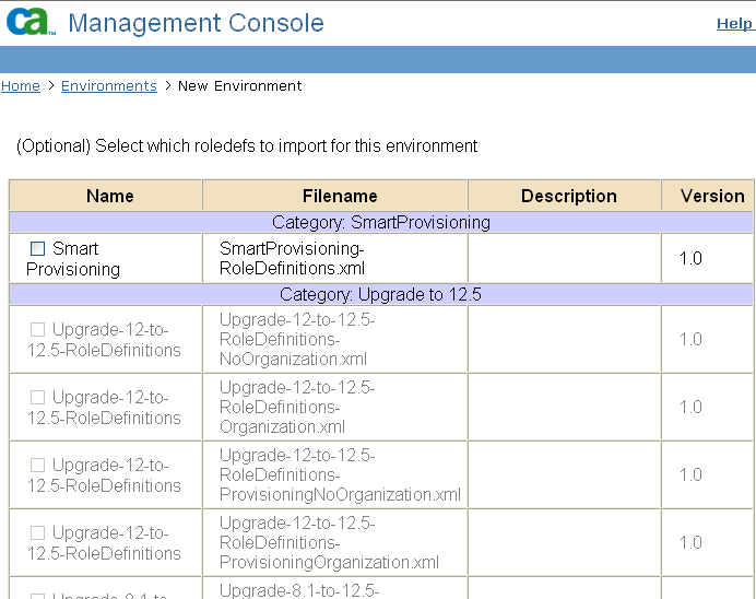 Role Import Screen in the Management Console