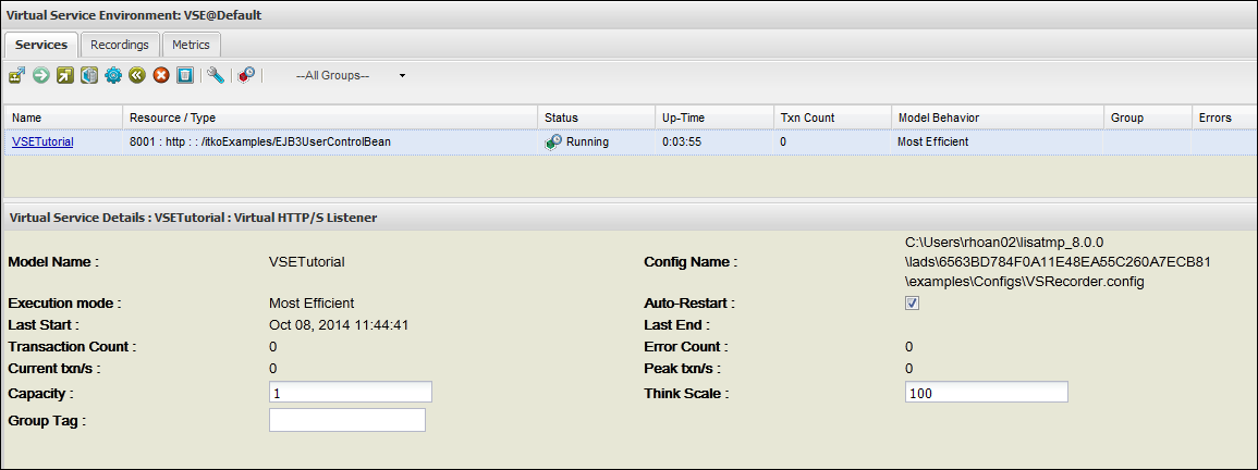 Screenshot of the VSETutorial virtual service model appears in the Services tab of the VSE Console.