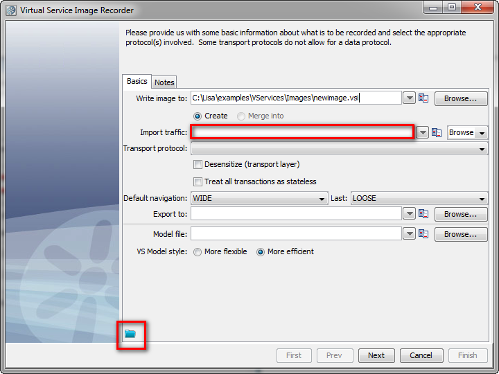 Image of the Virtual Service Image Recorder page, highlighting the Import Traffic field
