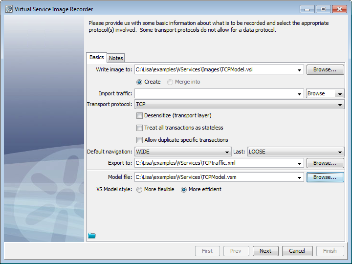 Image of the Basics tab on the Virtual Service Image Recorder for TCP transport protocol