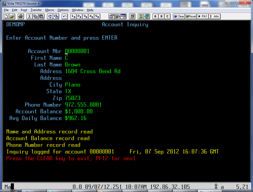 Screenshot of a CICS screen running the demo for the example recording.