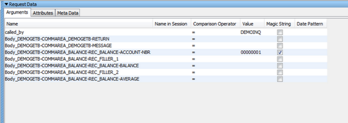 Screenshot of the request data arguments for the CICS LINK recording example.