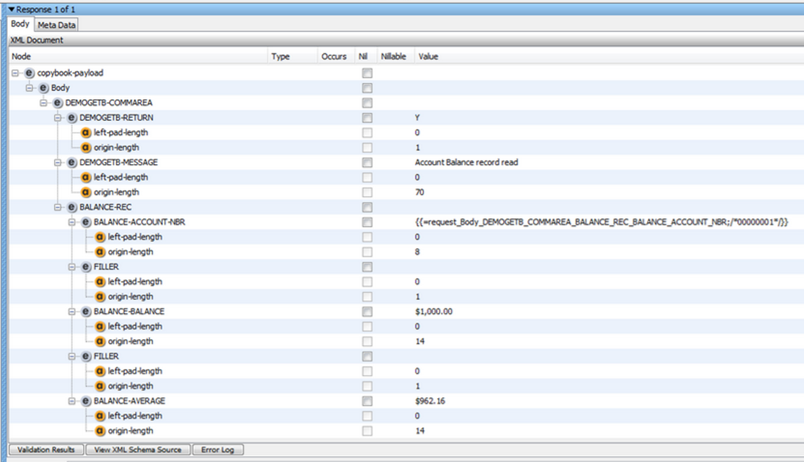 Screenshot of the response to send back when using virtualization for the CICS LINK recording example.