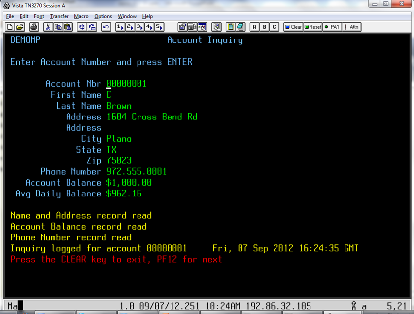Screenshot of the CICS screen for the CICS LINK recording example, with success having VSE virtualize the SUT.