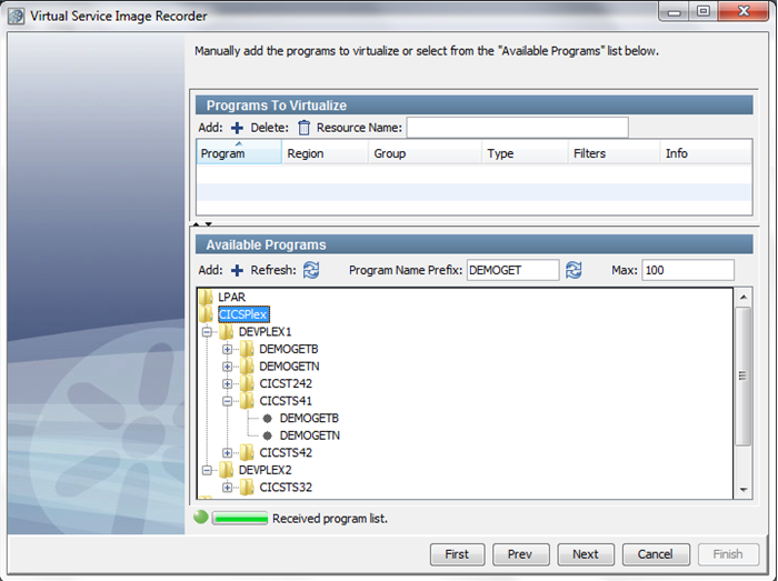The CICS Programs to virtualize selection panel with nodes expanded to show more detail.