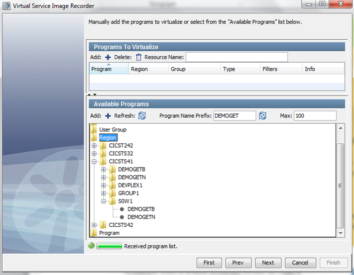 The CICS Programs to virtualize selection panel with Region expanded.