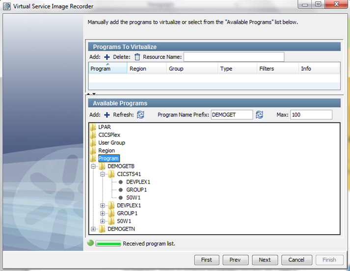 The CICS Programs to virtualize selection panel with Program expanded.