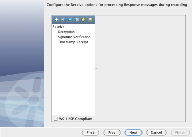 Screenshot for WS-Security Request data protocol Receive options for processing Response messages during recording.