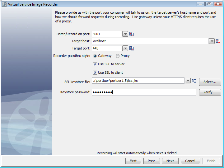 Screenshot of the VSI recorder port/server screen with parameters filled in for two-way SSL connections.