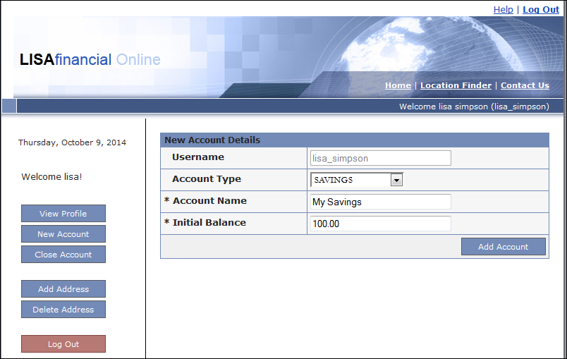 LISA Bank new account page