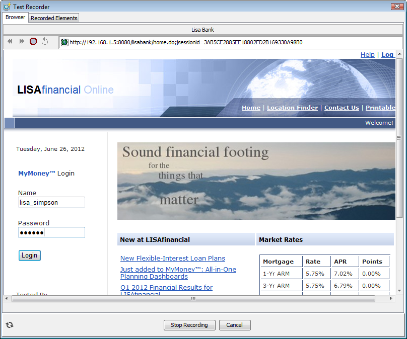 LISA Bank login screen for Tutorial 6
