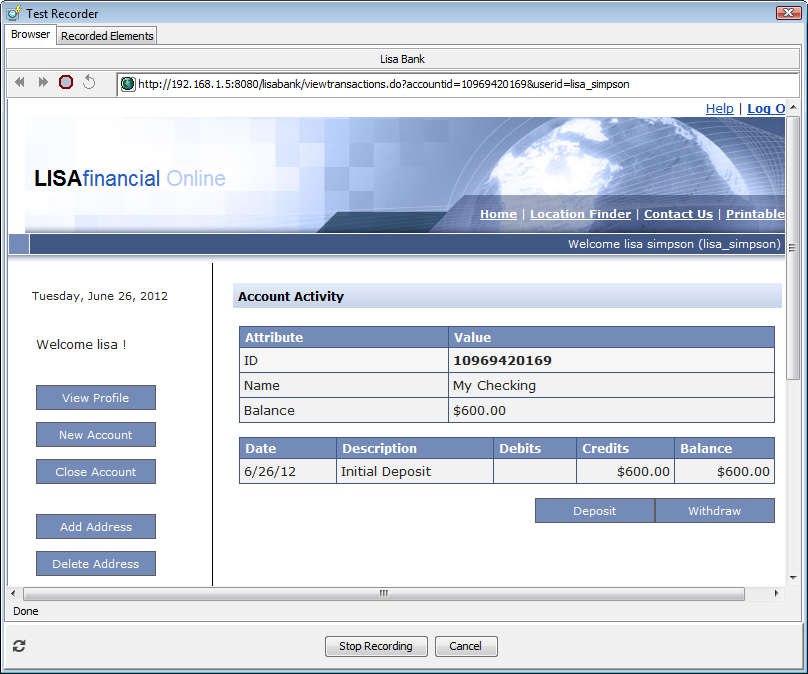 LISA Bank deposit screen for Tutorial 6