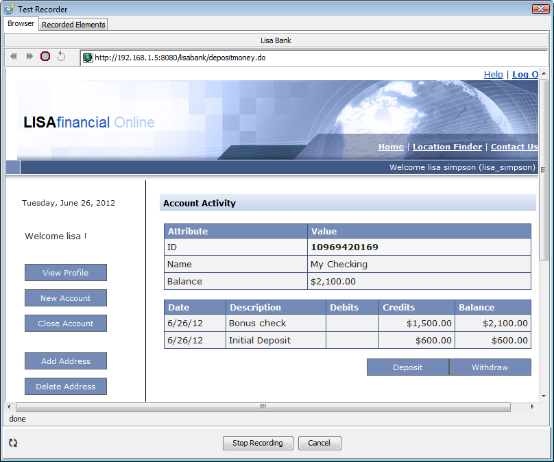 LISA Bank account activity screen for Tutorial 6