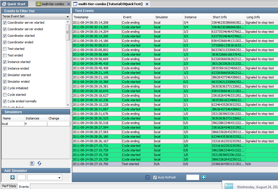 Screenshot of Events Tab after running Quick Test