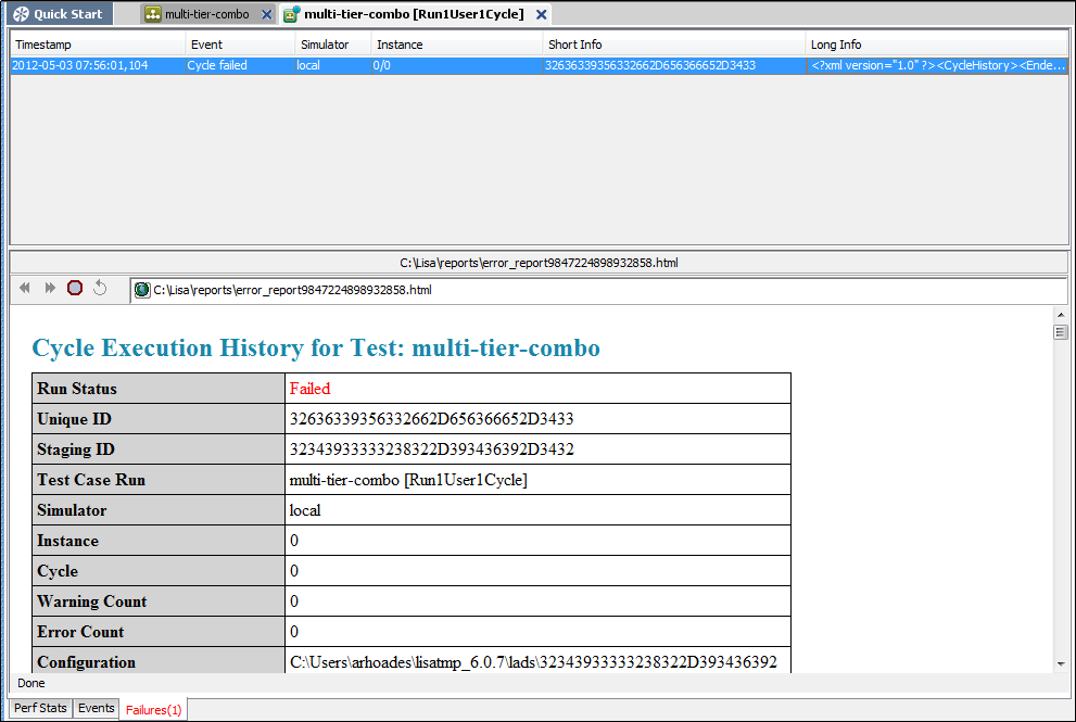 Failures tab on the Test Monitor window