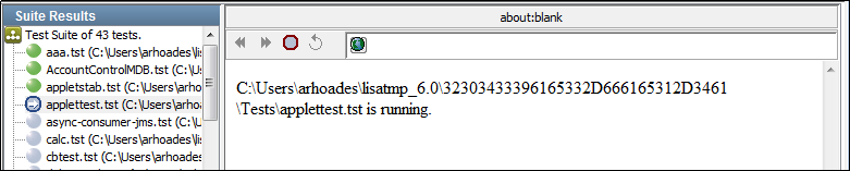 Stage Suite Suite Results window with test running