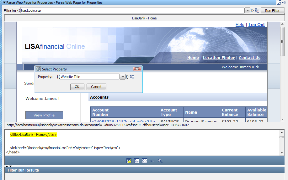 Filter: Parse Web Page for Properties Select Property dialog on LISA Bank web page