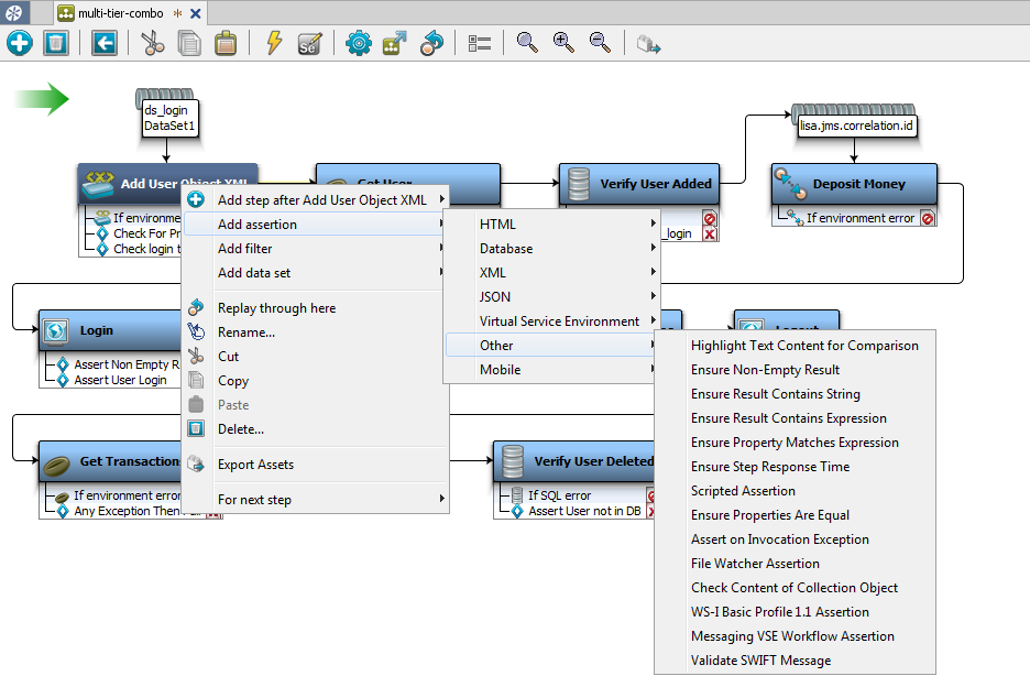 Screenshot of Assertions menus and submenus