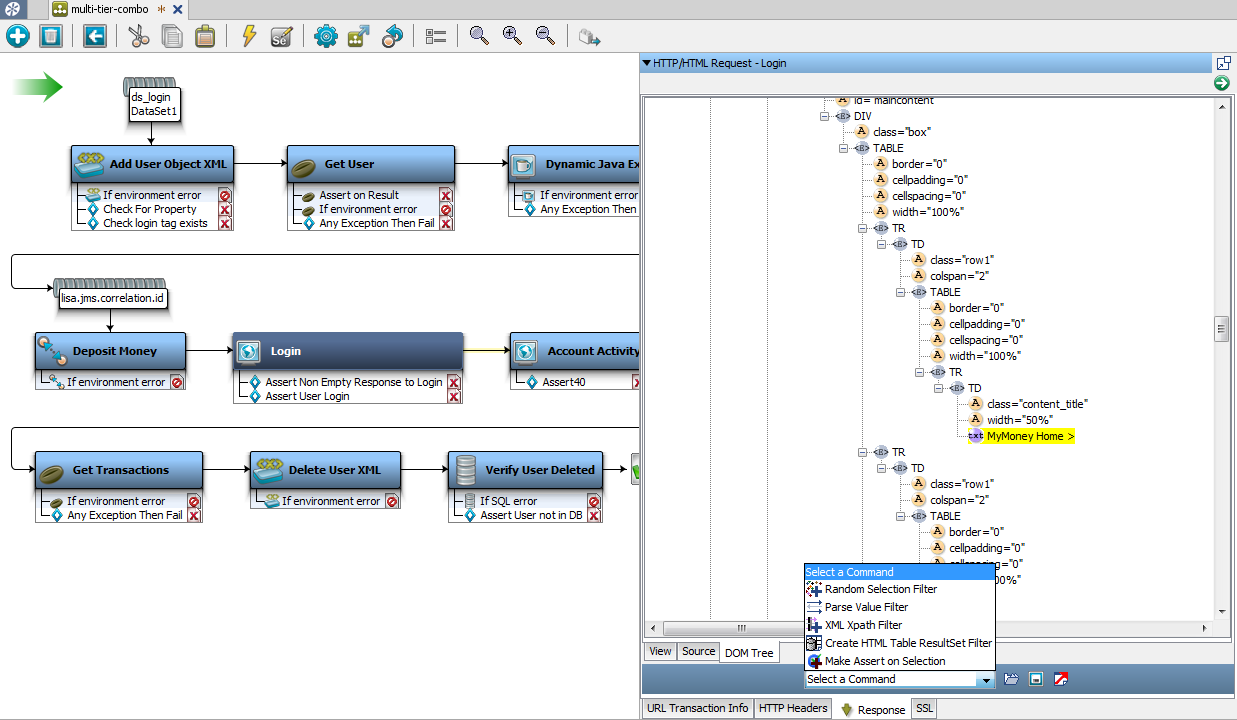 Screenshot of multi-tier-combo with LISA Bank Login step opened in DOM Tree view and Command menu opened