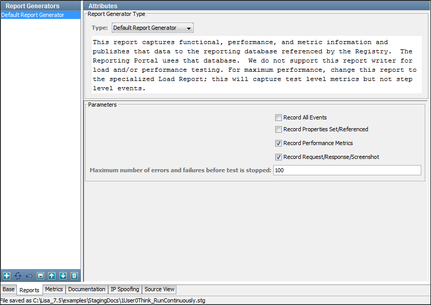 Reports tab of the Staging Document Editor