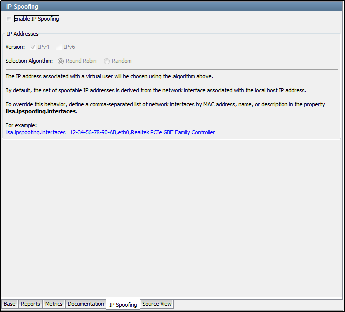IP Spoofing tab of the Staging Document Editor