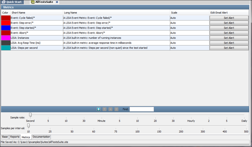 Metrics tab of the Test Suite Editor